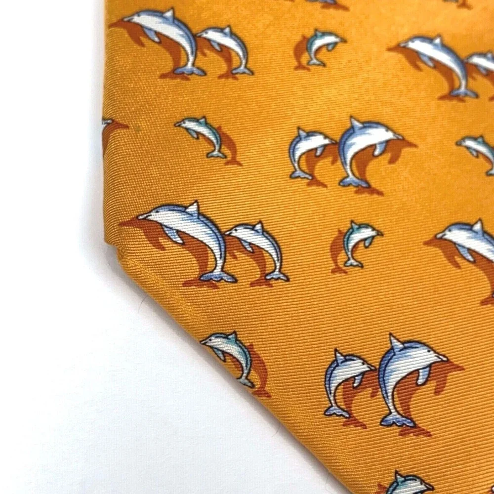 TANGO Tie Orange All Silk Marine Animal Dolphins Men's Necktie Made in Korea 58